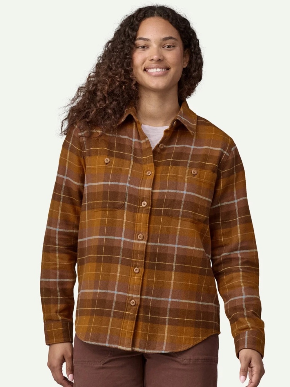 Patagonia Women's Brown and Mustard Plaid Fjord Button-Down Shirt